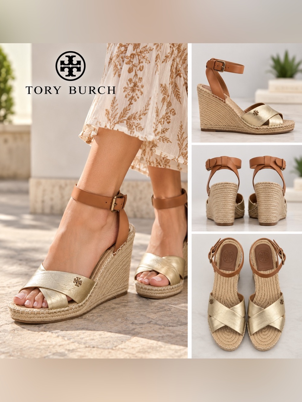 Tory Burch Metallic Gold Leather Espadrille Wedge Sandals Ankle Strap Size 8